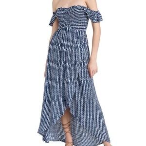 Tiare Hawaii Blue White Smocked Maxi Dress OS Off Shoulder Boho Coastal Resort
